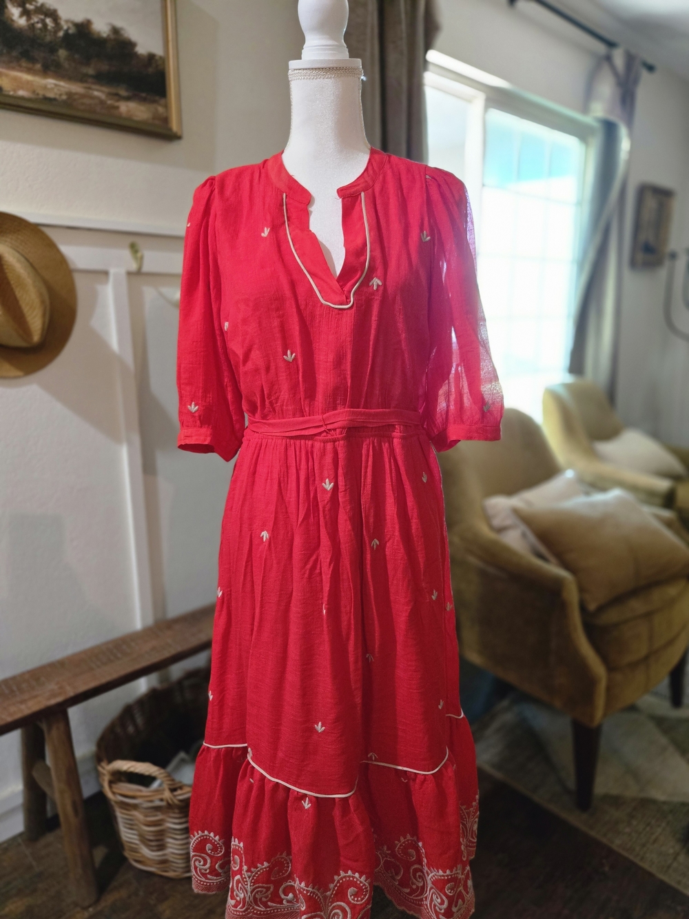 Red Embroidered Maxi Dress with Scalloped Hem